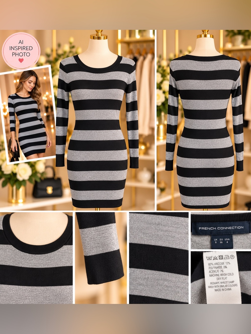 French Connection Black and Gray Striped Long-Sleeve Bodycon Dress